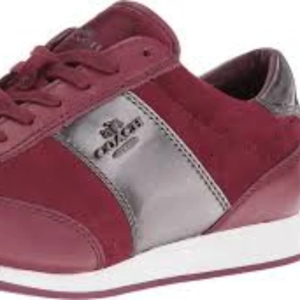 COACH RAYLEN SUEDE SNEAKERS SHOES Gunmetal Cerise‎ Burgundy Leather Logo - Picture 2 of 14